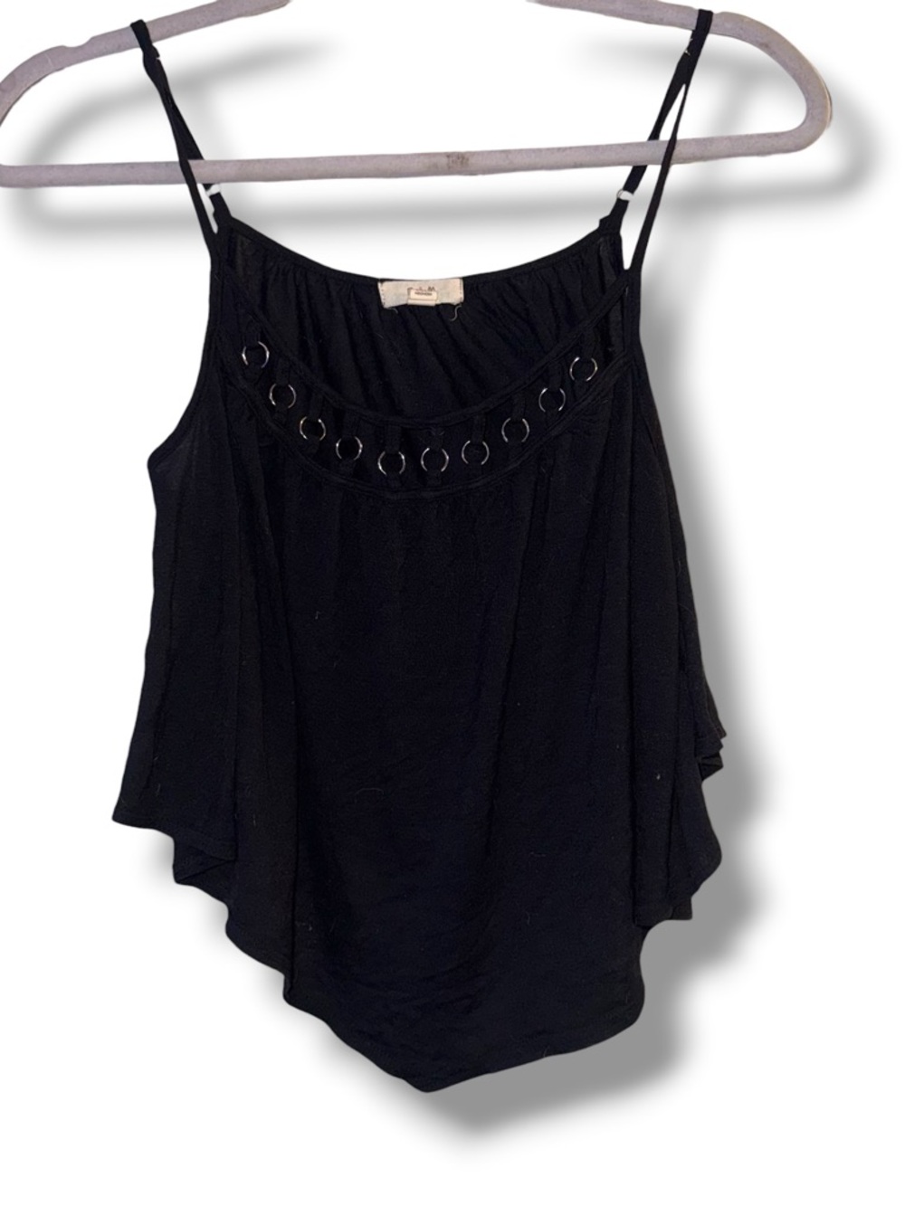 E & M black handkerchief hem grommet collar camisole